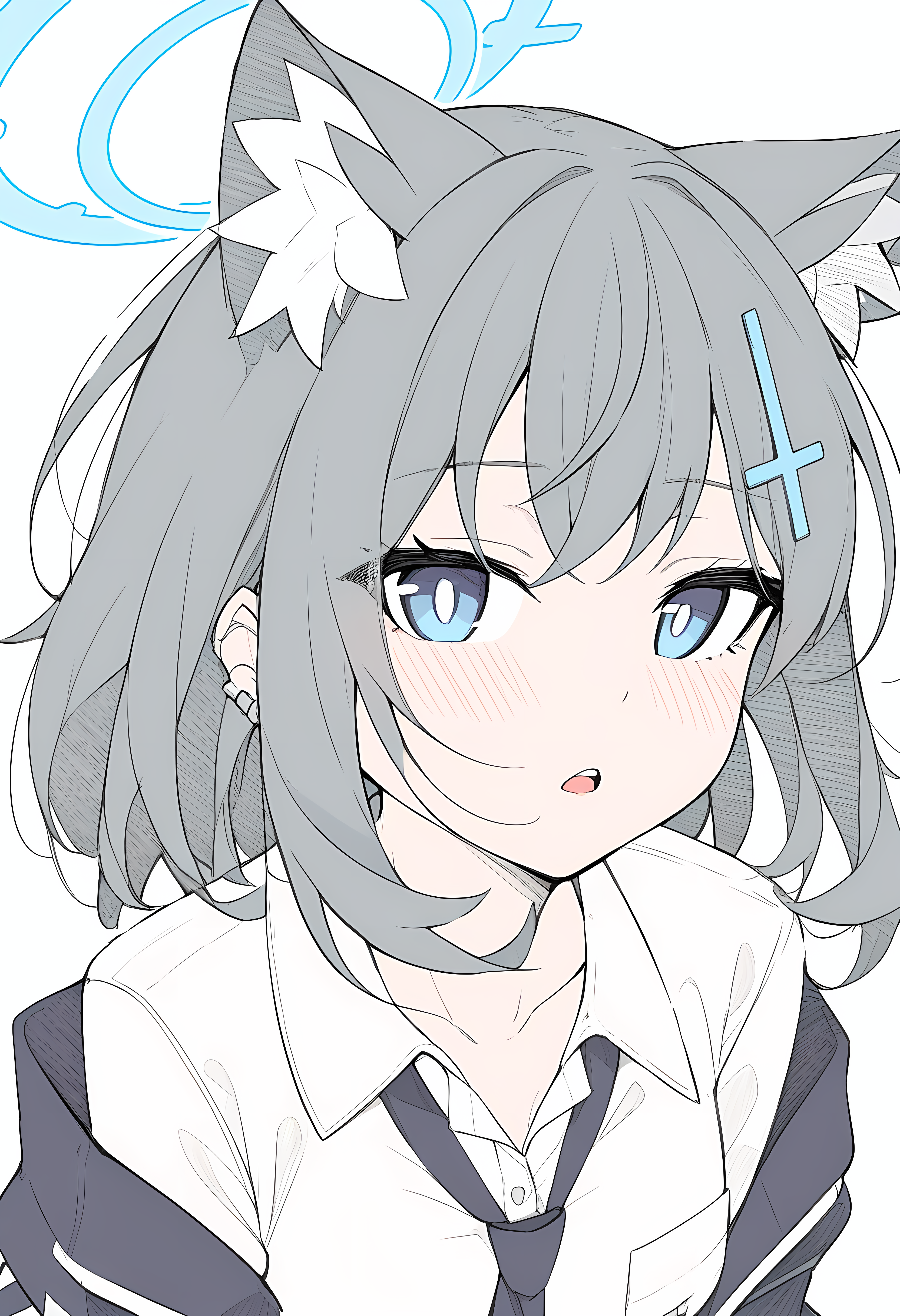 <lora:masabodo_xl:1>, shiroko_\(blue_archive\), blue_archive, 1girl, animal_ear_fluff, animal_ears, blue_eyes, blue_halo, blush, collared_shirt, cross, cross_hair_ornament, earrings, extra_ears, grey_hair, hair_ornament, halo, inverted_cross, jewelry, looking_at_viewer, mismatched_pupils, open_mouth, shirt, short_hair, simple_background, solo, stud_earrings, teeth, upper_body, upper_teeth_only, white_background, white_shirt, wolf_ears, wolf_girl, masterpiece, best quality, very aesthetic, absurdres