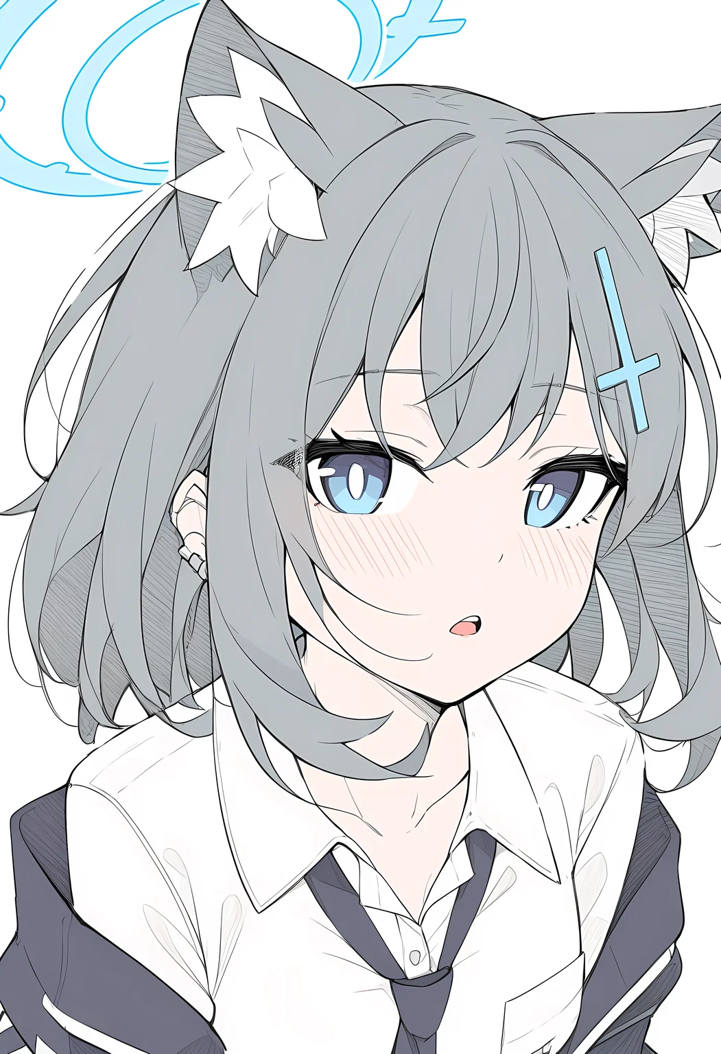 <lora:masabodo_xl:1>, shiroko_\(blue_archive\), blue_archive, 1girl, animal_ear_fluff, animal_ears, blue_eyes, blue_halo, blush, collared_shirt, cross, cross_hair_ornament, earrings, extra_ears, grey_hair, hair_ornament, halo, inverted_cross, jewelry, looking_at_viewer, mismatched_pupils, open_mouth, shirt, short_hair, simple_background, solo, stud_earrings, teeth, upper_body, upper_teeth_only, white_background, white_shirt, wolf_ears, wolf_girl, masterpiece, best quality, very aesthetic, absurdres