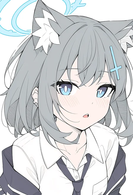 <lora:masabodo_xl:1>, shiroko_\(blue_archive\), blue_archive, 1girl, animal_ear_fluff, animal_ears, blue_eyes, blue_halo, blush, collared_shirt, cross, cross_hair_ornament, earrings, extra_ears, grey_hair, hair_ornament, halo, inverted_cross, jewelry, looking_at_viewer, mismatched_pupils, open_mouth, shirt, short_hair, simple_background, solo, stud_earrings, teeth, upper_body, upper_teeth_only, white_background, white_shirt, wolf_ears, wolf_girl, masterpiece, best quality, very aesthetic, absurdres