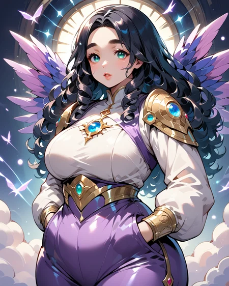 PonyScores7, source_anime, ah1, BREAK 1girl, (curly hair), (long hair:1.3), (black hair:1.3), mature female, (parted hair:1.7), (round face:1.2), (fringe:-0.5), (bangs:-0.5), (hair between eyes:-0.5), (thick eyebrows), (curvy), round-chin, (greenish hazel eyes:1.5), caucasian, (downturned eyes:1.4), (plump face), <lora:ETO_OCPonyXL:0.5> eto_oc, skindentation, (plump), thick thighs, wide hips, busty, voluptuous, kinky curls, lips, <lora:venus body PonyXL:0.4>, (stifled laugh), (Standing, hands in pockets, perfect fingers, perfect hands), (In a historic neighborhood with the Sagrada Familia in the background), looking at viewer, (maximum purple enchanted steel chestplate with glowing runes, steel-plated greaves, winged circlet, steel-toed boots), BREAK <lora:xl_more_art-full_v1:0.2>, <lora:shinyskin2:0.2> glistening skin, <lora:aesthetic_anime_v1s:0.2>, <lora:Expressive_H:0.2> Expressiveh, <lora:hairdetailpxl:0.2> hairdetailpxl, <lora:EpicF4nta5yXL:0.2>, <lora:detailxl:0.2> detailxl, <lora:Fant5yP0ny:0.2>, best quality, amazing quality, best aesthetic, absurdres, <lora:expressive eyes:0.2> expressive eyes, <lora:eyedetailpxl:0.2> eyedetailpxl, illustration, Volumetric_Lighting, ultra-detailed, very aesthetic, intricate details, 8k, masterpiece, best_quality, BREAK (medium full shot), BREAK <lora:Eyes_High_Definition:0.3> EyesHD, Stable_Yogis_PDXL_Positives, AS-Adult, <lora:Complicated fantasy portrait - XL Pony V2.0:0.4>, bad-hands-5,