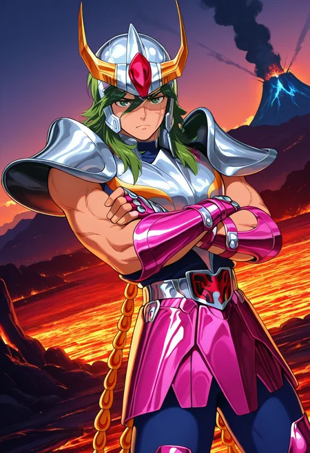 SHUNPLAIN,1boy,long wavy green hair,green eyes,toned male,frown,scar on face,
pronged helmet,crossed arms,clenched teeth,silver breastplate,silver pauldrons,blue undershirt,magenta vambraces,magenta fingerless gloves,belt,belt buckle,magenta faulds,tail feathers,phoenix tail feathers,blue pants,magenta greaves,
cowboy shot,upper body,dutch angle,outdoors,volcano,lava,fire<lora:Phoenix_Ikki_Saint_Seiya_ILXL:1><lora:Andromeda_Shun_Saint_Seiya_ILXL:0.7> very awa, masterpiece, best quality, amazing quality, very aesthetic, absurdres, sensitive, newest <lora:spo_sdxl_10ep_4k-data_lora_webui:0.7>,