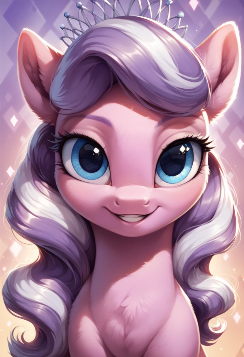 score_9, score_8_up, score_7_up, score_6_up, score_5_up, score_4_up, my little pony, ((feral pony)), ((Diamond Tiara)), 1girl, ((solo)), (sexy), beautiful, detailed, (detailed cute pony face), detailed eyes, detailed fur, detailed hooves, beautiful, vector, flat colors, (beautiful long eyelashes), (beautiful hooves), (abstract background:1.8), (looking at you, looking at viewer:1.5), smile, happy, ((close-up)), high angle