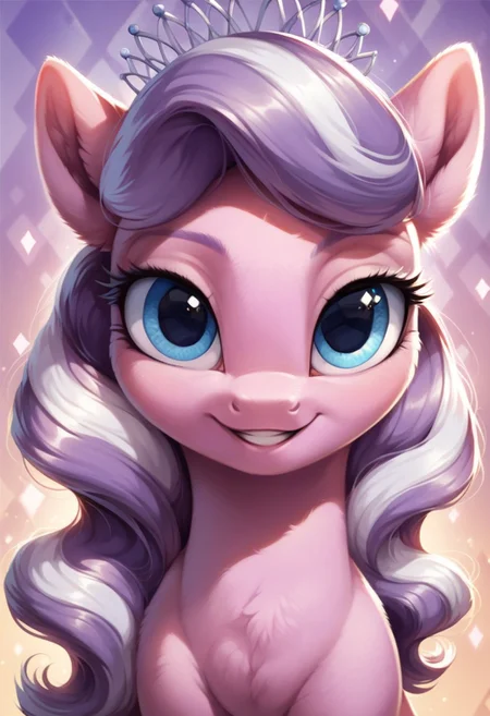 score_9, score_8_up, score_7_up, score_6_up, score_5_up, score_4_up, my little pony, ((feral pony)), ((Diamond Tiara)), 1girl, ((solo)), (sexy), beautiful, detailed, (detailed cute pony face), detailed eyes, detailed fur, detailed hooves, beautiful, vector, flat colors, (beautiful long eyelashes), (beautiful hooves), (abstract background:1.8), (looking at you, looking at viewer:1.5), smile, happy, ((close-up)), high angle