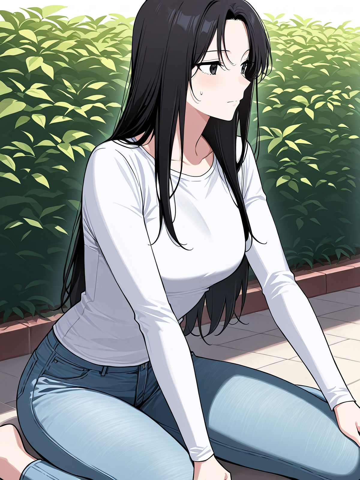 <lora:Omniscient_Readers_Viewpoint__Jung_Heewon:1>
white shirt, light blue jeans,
1 girl, solo, black hair, long hair, black eyes, straight hair, loose hair, 
score_9, score_8_up, score_7_up, masterpiece, best quality, absurdres, perfect anatomy, 1girl, solo, wariza, sitting, hands on own knees, garden background