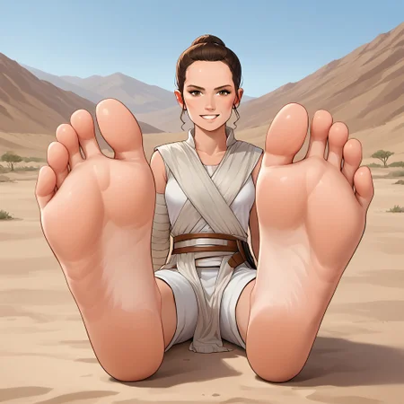 score_9, score_8_up, score_7_up, score_6_up, score_5_up, score_4_up, source_anime, BREAK, (masterpiece:1.4), (best quality:1.2), expressive eyes, perfect face, perfect anatomy, accurate anatomy, perfect feet, perfect soles, 1 girls feet, adult female, mature female, soles, toes, foot focus, front view, smile, cute expression, clean feet, sitting, hands on ground, showing feet, barefoot, 5 toes, PONYXL_WaifuFeetPics_ownwaifu, feet, Rey, 1girl, solo, brown hair, brown eyes, sleeveless, white cloth, white pants, bandages, desert