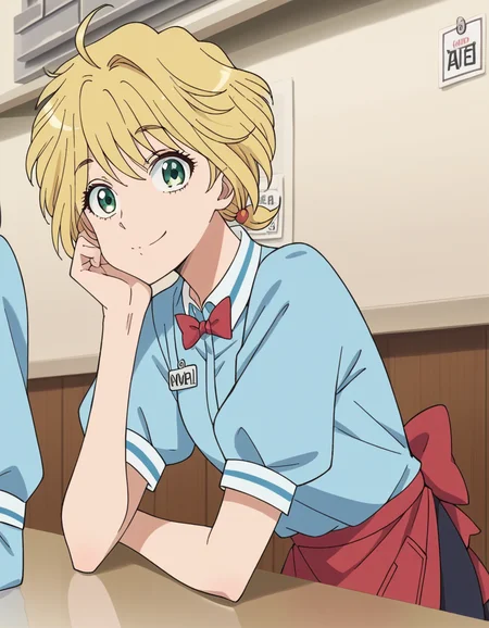 score_9, score_8_up, score_7_up, source_anime, <lora:yui-nishida-s1-ponyxl-lora-nochekaiser:1>, yui nishida, short hair, blonde hair, green eyes, ahoge,, shirt, bow, short sleeves, puffy sleeves, apron, blue shirt, name tag, waitress,, indoors, smile, looking at viewer, solo, sitting, head rest, table,, cowboy shot, dutch angle