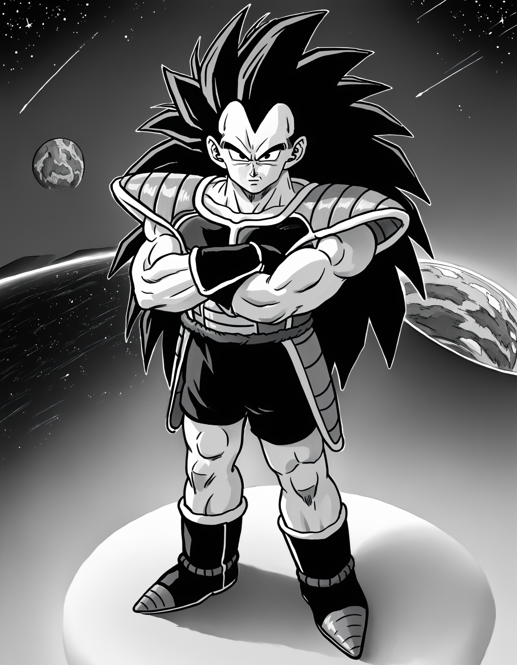 score_9, score_8_up, score_7_up, source_anime, spiked hair,
raditzxl,  1boy,solo,black hair,long hair, black eyes,looking at viewer, male focus,
crossed arms, saiyan armor,boots, space,night,full body, 
monochrome, greyscale, lineart,
<lora:raditsxl5-000003:0.8>