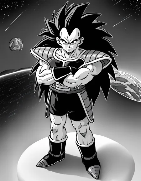 score_9, score_8_up, score_7_up, source_anime, spiked hair,
raditzxl, 1boy,solo,black hair,long hair, black eyes,looking at viewer, male focus,
crossed arms, saiyan armor,boots, space,night,full body,
monochrome, greyscale, lineart,
<lora:raditsxl5-000003:0.8>