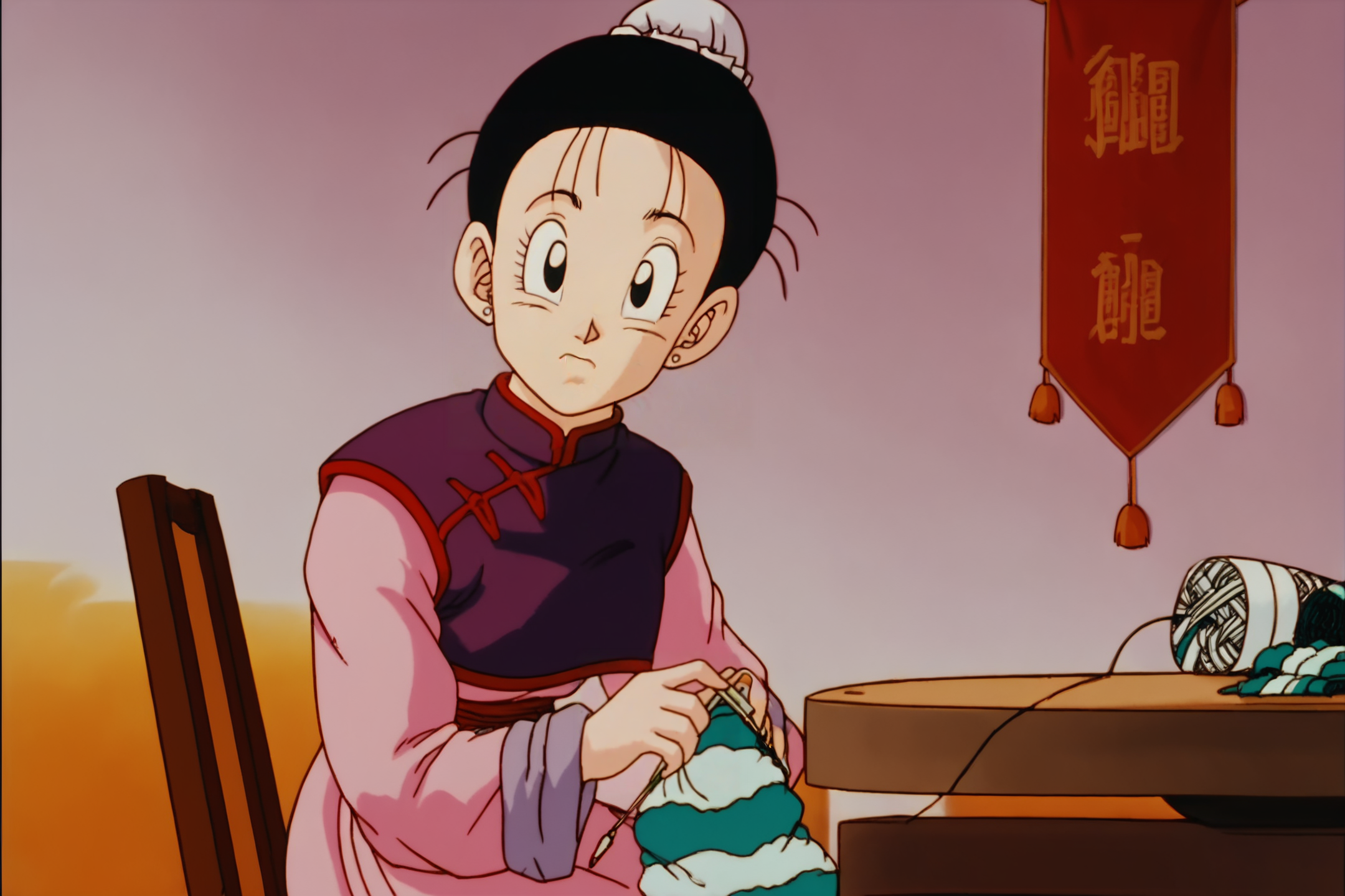 source_anime, score_9, score_8_up, score_7_up, anime screencap,8k, absurd res,
chi-chi, ((future)), 1girl, solo, looking at viewer, black hair, long sleeves, dress, holding, jewelry, sitting, upper body, earrings, hair bun, anime coloring, black eyes, frown, chinese clothes, table, single hair bun, china dress, bun cover, retro artstyle, 1990s \(style\), indoors, (style), needle, yarn, sewing, (purple dress), pink skirt, purple sash,
 <lora:chichi_pony_v2:0.8>
