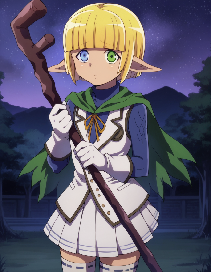 score_9, score_8_up, score_7_up, source_anime,
marebellofiora, <lora:mare-bello-fiore-ponyxl-lora-nochekaiser:1>,
mare bello fiore, short hair, bangs, blue eyes, blonde hair, green eyes, pointy ears, blunt bangs, heterochromia, elf, otoko no ko, dark elf,
skirt, thighhighs, gloves, pleated skirt, white gloves, cape, white thighhighs, zettai ryouiki, capelet, staff, crossdressing, holding staff,
outdoors, night, night sky, forest, nature,
looking at viewer,