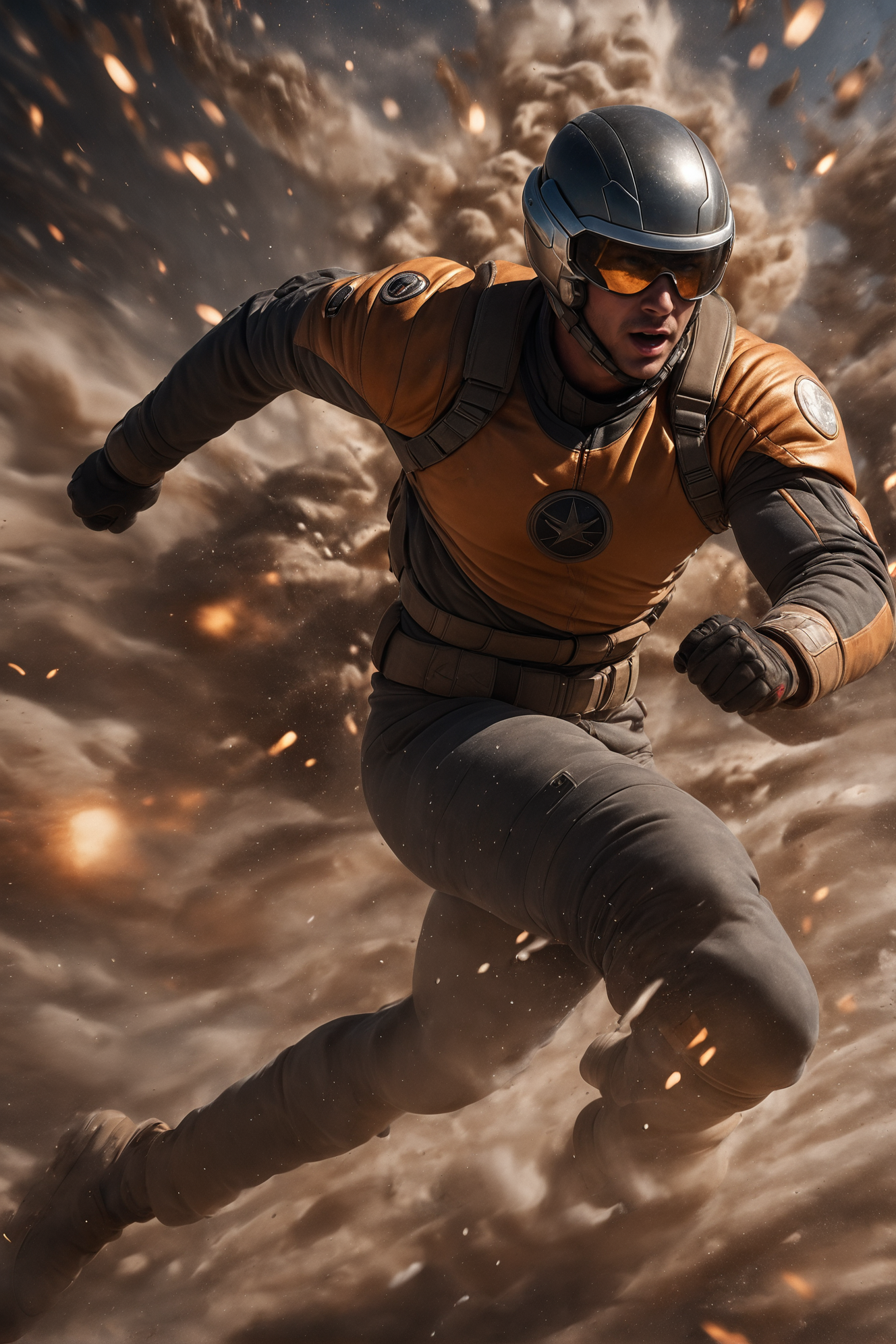 action shot, cinematic still, cinematic color grading, male action hero, scifi, explosions<lora:EnvyActionShotXL01:0.85><lora:fix_hands:1>