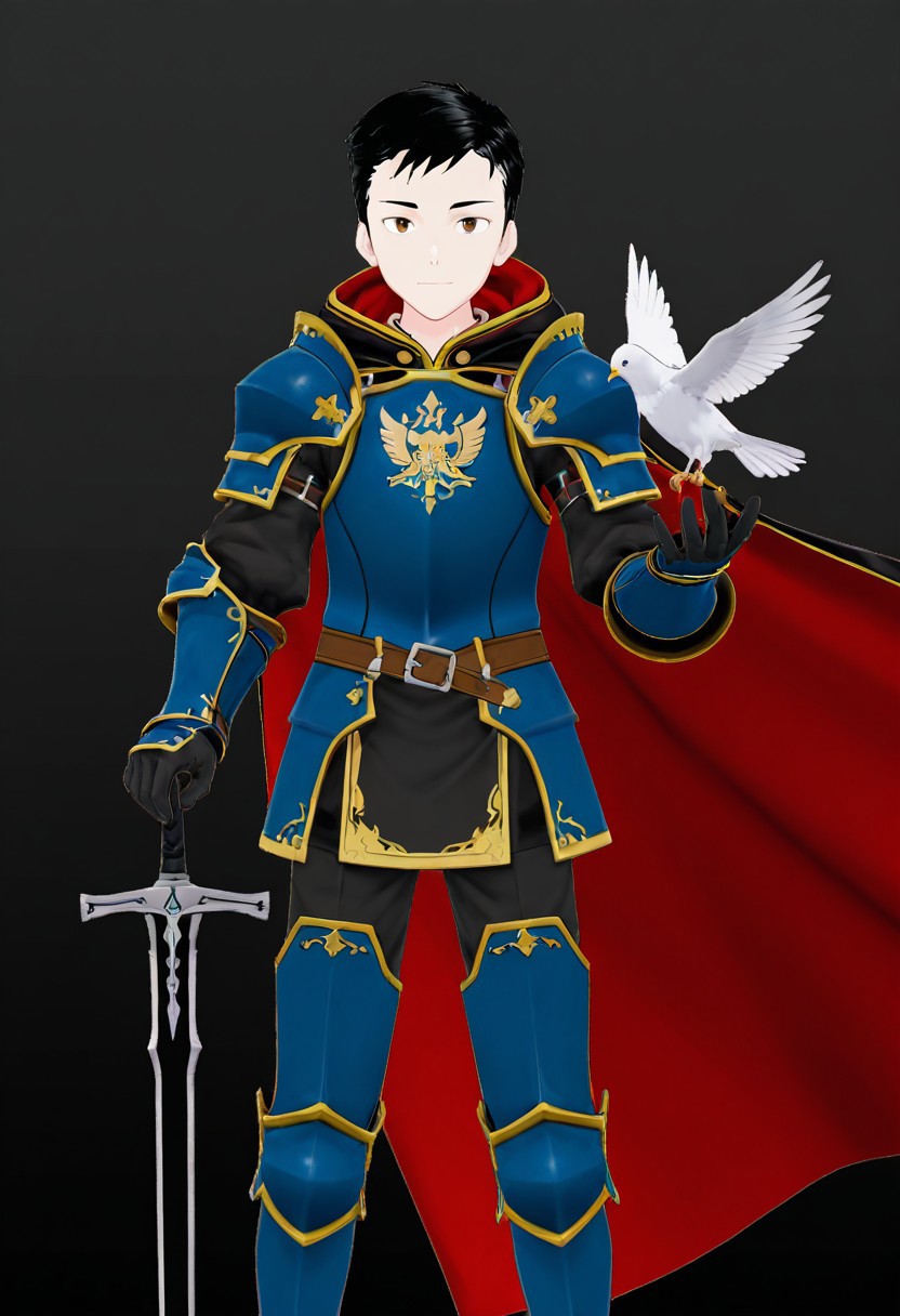 harmard, black hair, short hair, brown eyes, 1boy, solo, solo focus, young, youthful, he is dressed in a suit of dark iron platemail. Break. he is holding up a black coloured sword. Properly holding the sword by the hilt, his armour bears a crest of a yellow dove. fantasy armour. stylized silver dove emblems and symbols on armour and sheild. Break. epic background is a a beautiful palace. a strong wind is blowing his cape, blue armour