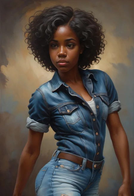 (((classical oil painting))), turning side view, bending, (((beautiful short cute stocky-gymnastic South African girl wearing revealing ripped-denim summer clothes))), medium-length hair, (annoyed), (((enormous natural breasts))), (((snub-nose))), ((dimples)), (((narrow hips))), ((dark eyes)), mittens, (((candid))), ((deserted township)), (evening), Intricate textures, (high detailed skin:1.7),