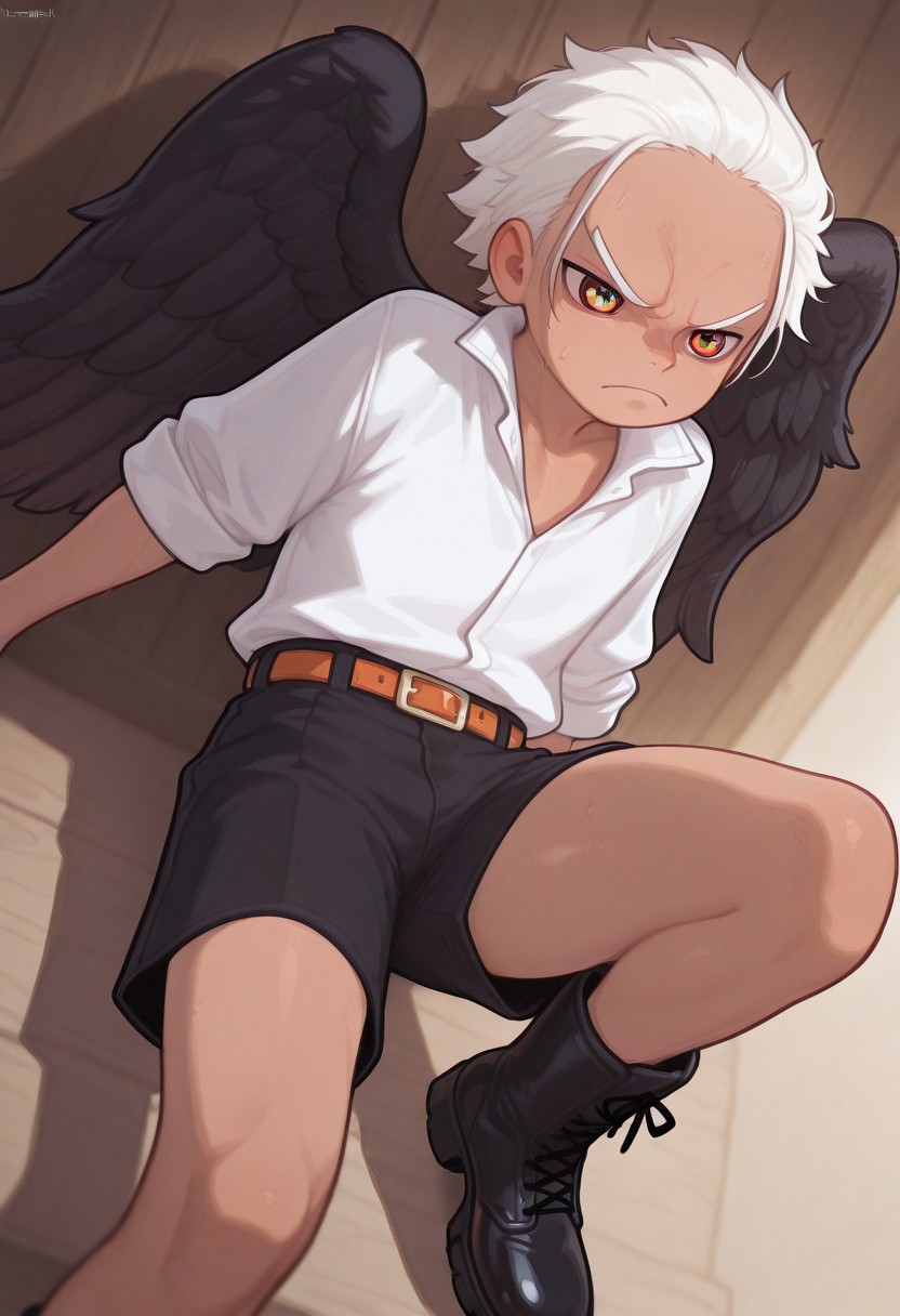 masterpiece, absurdres, high quality, perfect anatomy, 1boy, solo, cute boy, male focus, SHawk, White Hair, Orange Eyes, ((Star Shaped Pupils)), Tan Skin, Black Wings, White Shirt, Sleeves Rolled Up, Black Shorts, Belt, Black Boots, scowl, cinematic, intricately detailed illustration, depth of field, masterpiece, best quality, amazing quality, very aesthetic, absurdres, newest, very awa,  shadow, dynamic angle, casual cosplay, dynamic pose, Lustedcomplex