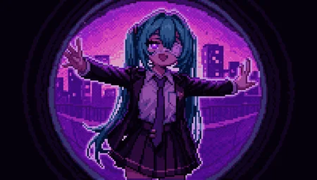 1girl, hatsune miku, hmmonitoring, peephole, very long hair, twintails, bangs, hair between eyes, medical eyepatch, school uniform, collared shirt, necktie, jacket, open jacket, long sleeves, pleated skirt,
outstretched arms, pocket, one eye covered, shirt tucked in, breast pocket, purple necktie, medical eyepatch, glitch, cowboy shot, :d, glowing eyes, half-closed eyes, palms, heart-shaped pupils,
outstretched arms
outdoors, building, purple theme, abstract background, sunset, cityscape, wind, cowboy shot,
backlighting, reflection, gradient background,
rating safe, retro pixel art, pixelated, retro, white outline,
masterpiece, best quality, amazing quality, newest, <lora:Hatsune_Miku_Monitoring:1.0> <lora:midnight_girls_r_-_pixel_art_style:1.0>