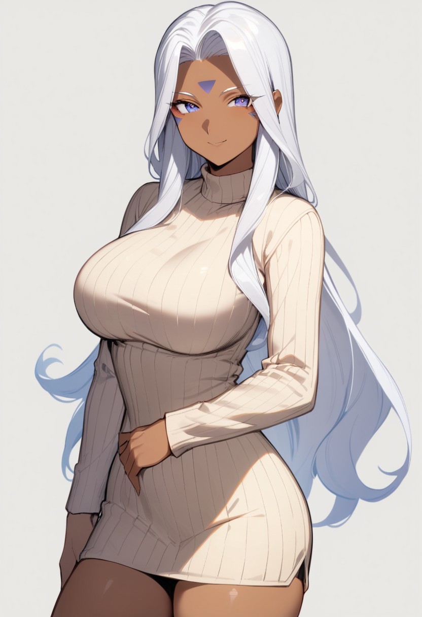 1girl, (Urd, dark-skinned female), smile, ribbed sweater, cowboy shot, simple background, (high resolution), ((masterpiece)), (great quality), (very aesthetic), aesthetic, detailed face, detailed eyes