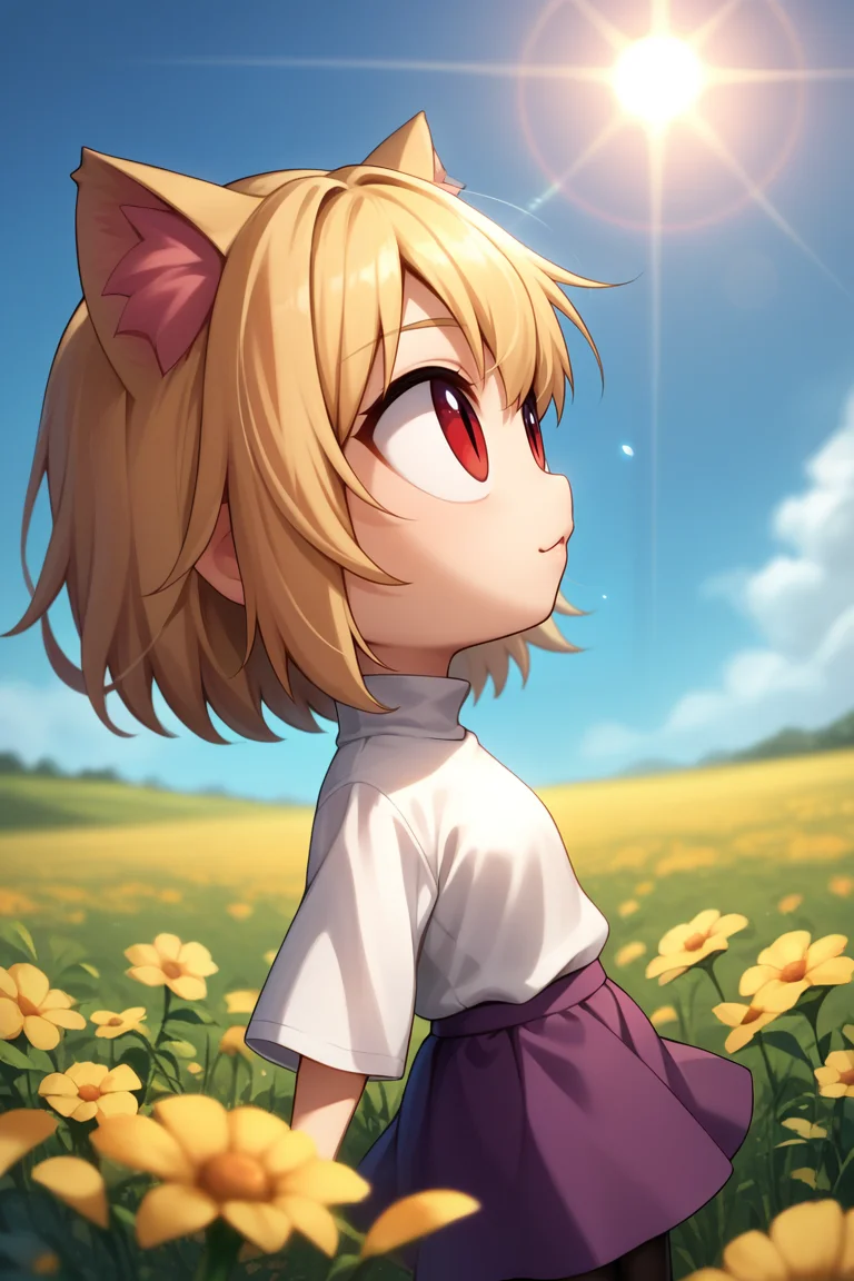 score_9, score_8_up, score_7_up, score_6_up, score_5_up, score_4_up, BREAK, 1girl, solo, <lora:necoarc-guy-PONYv1_1:1>, necoarc, slit pupils, red eyes, cat ears, blonde hair, chibi, :3, white shirt, turtleneck, purple skirt, pantyhose, from side, glowing, field, flower field, sunlight, sun, blue sky, depth of field, light particles, lens flare, looking up, from side,