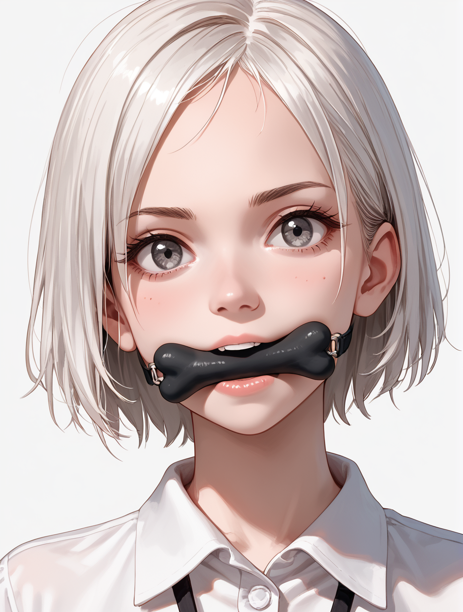 score_9, score_8_up, score_7_up, score_6_up, photograph, masterpiece, high quality, hires, uhd 32k, absurdres, 1girl, black bone, short hair, white hair, brown roots \(hair\), grey eyes,<lora:bone-gag:0.8> bone gag, white button shirt, simple background,  face focus, close view