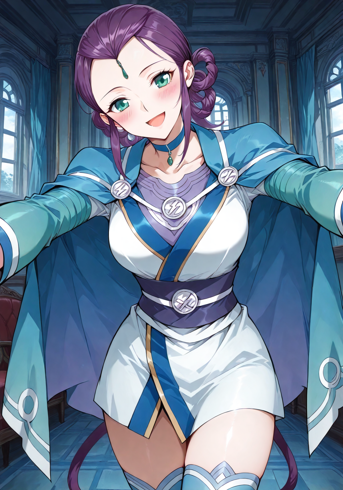 <lora:Feng_Qing_Er__Battle_Through_the_Heavens__Illustrious:1>
1girl, solo, purple hair, braided bun with hair tail, hair rings, hair bun, side bangs, forehead jewel, green eyes, anime style, blue and white outfit, oriental dress, short dress, battle robe, split sleeves, shoulder cape, high collar, gold accents, sash belt, blue thighhighs, thigh-high boots, zigzag trim, symbol buttons, gemstone accessory, martial artist, blue choker
score_9, score_8_up, score_7_up, score_6_up, source_anime, rating_explicit, 1girl, solo, smile, embarrassed, alcalose eyes, open mouth, mansion, indoors, looking at viewer, outstretched arms, pov, close-up, (head tilt:1.2), <lora:iLLMythG0thicL1nes:1>