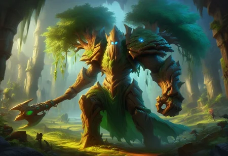 (((beautiful, high quality))), score_9, score_8_up, score_7_up, Ent, living tree, colored bark, colored foliage, 1boy, solo, noseless, mouthless, green foliage, dark bark, blue eyes, muscular arms, trunk legs, root feet, powerful body, strong and imposing, holding metal battleaxe, stomping, fantasy background, blurred background