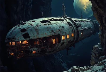 Amidst the endless void of space, a derelict spaceship drifts silently in the orbit of giant sun, its bright metallic hull scarred by time and forgotten battles. The ship’s structure is vast, broken and crumbling, with patches of glowing alien substance overtaking its once pristine surfaces. Stars twinkle faintly in the deep sky, casting a soft, eerie light on the wreckage. The scene exudes a feeling of melancholy, as if the ship is a ghost of a forgotten era, lost to both time and space. The dramatic contrast between the decaying spaceship and the starry backdrop adds a fantasy twist to this sci-fi setting. Inspired by John Harris, Chris Foss, and H.R. Giger, rust, dirt, complexity, suspenseful, lost technology, futuristic, haze, mystical touch, best quality, masterpiece, epic scale, scenery, no humans, light particles, high resolution, acid colors, intense colors, professional, dynamic composition, in motion, dynamic angle, extreme detailed, close-up, John Berkey, Ridley Scott, Zdzislaw Beksinski, godrays, directional lighting, reflections