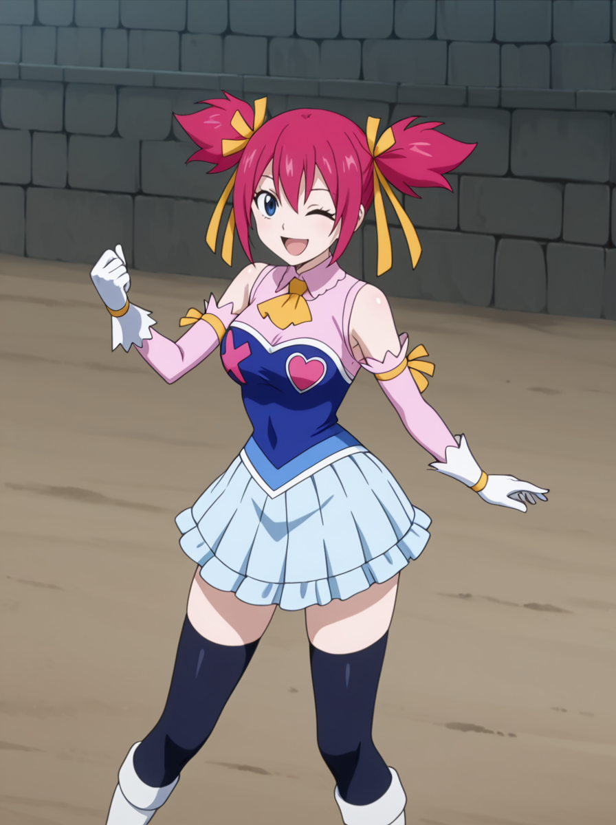 masterpiece, best quality, amazing quality, very aesthetic, absurdres, newest,shiny skin, anime screenshot,  anime screenshot,  <lora:SherriaBlendyIllust:1>sherriablendyillust, twintails, 1girl, ribbon, blue eyes, hair ribbon, pink hair, short twintails, skirt, thighhighs, yellow ribbon detached sleeves,  white gloves,  wink smile open mouth, simple background,  white background,