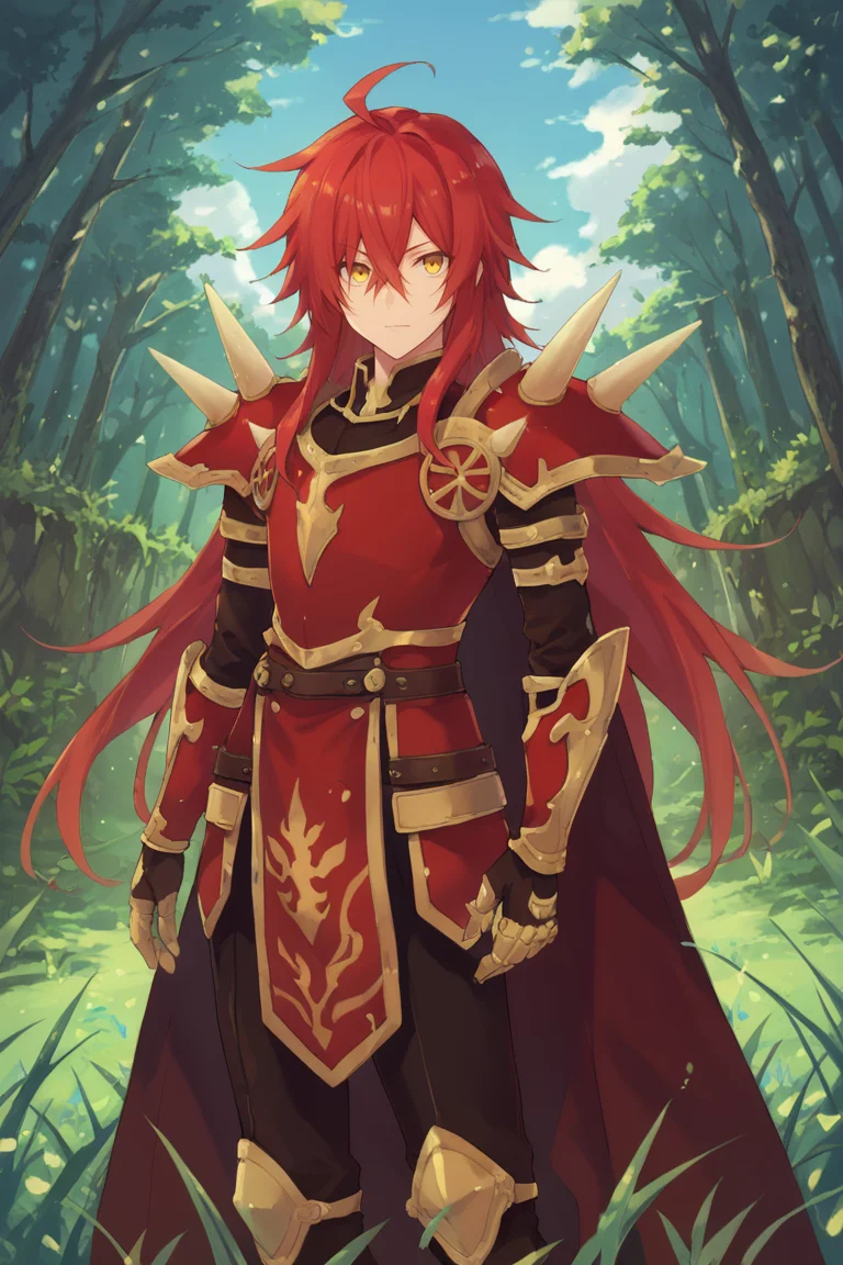 score_9, score_8_up, score_7_up, score_6_up, source_anime, BREAK, <lora:Gulcasa-000012:0.5> , guldef, (1boy), red hair, long hair, hair between eyes, yellow eyes, (armor), spikes, shoulder armor, shoulder spikes, cape, red cape, pauldrons, gauntlets, (cowboy shot), looking at viewer, (smile), closed mouth, happy, hair over one eye, fiery aura, <lora:ATDANbrite:0.65> , ATDAN , <lora:detailed_backgrounds_v2:1> , masterpiece, best quality, very aesthetic, absurdres, forest, outdoors, grass, nature, blue sky,