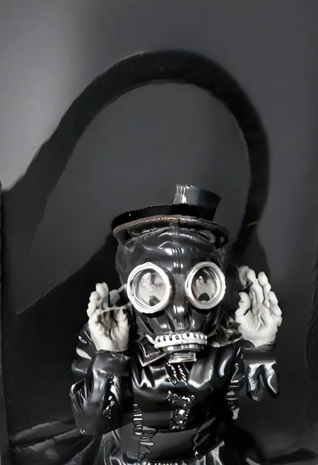 (((black and white, monochrome,gasmask))),((hands up, raised hands, small man with mustache, top hat, kenbis, chibi, chibi, male only, male, male chibi, monocle, art deco, thick mustache, comically large mustache, handlebar mustache, tiny, multiple men, shrunk, microxl, some little guys,  high angle, from above)), bwMovies, realistic, photo, vintage photo, ((very small man, small man, a small man, a man who is small, a small man)), an unapologetically small human male, black and white, smiling, very happy, euphoric, ecstatic, wonderful small men, large smile, huge smile