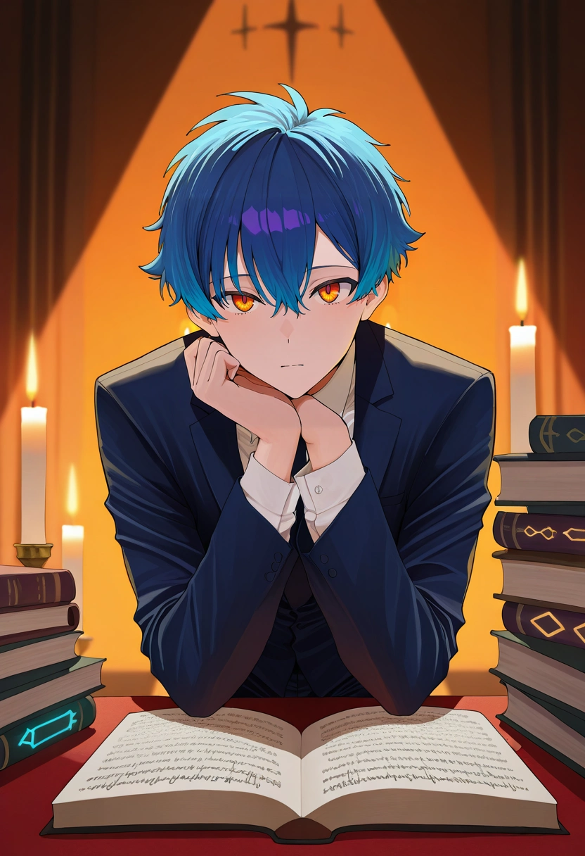 masterpiece, best quality, , , looking at viewer, 1boy, solo, male focus, <lora:yomogi_asanaka_ilxl:1>, yomogi_asanaka, blue hair, orange eyes, short hair, bangs, hair between eyes, , , enchanted library, floating books, magical runes, dusty tomes, researching pose, studious expression, candlelight, suit pants,