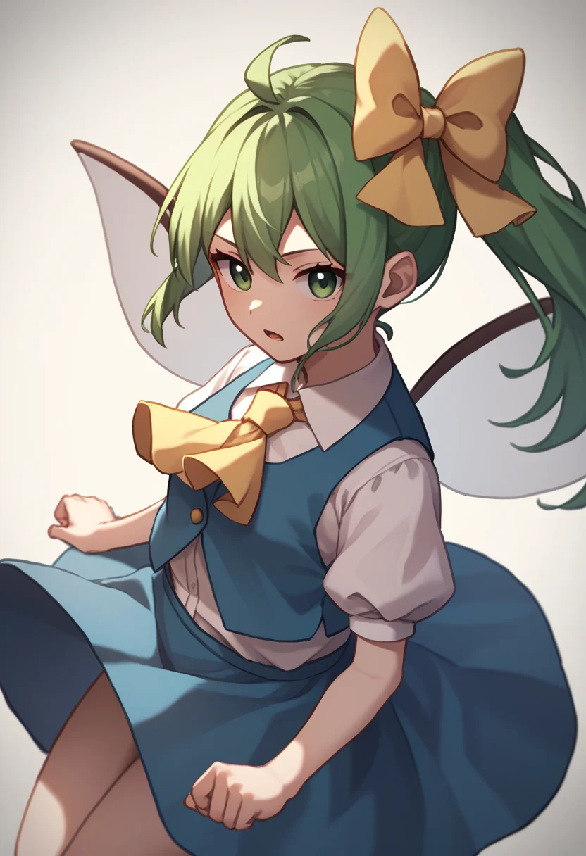 score_9,score_8_up,score_7_up,<lora:Touhou_pony:1>,1girl, daiyousei, touhou, fairy_wings, white_shirt, yellow_ascot, collared_shirt, hair_bow, blue_vest, yellow_bow, blue_skirt, puffy_short_sleeves