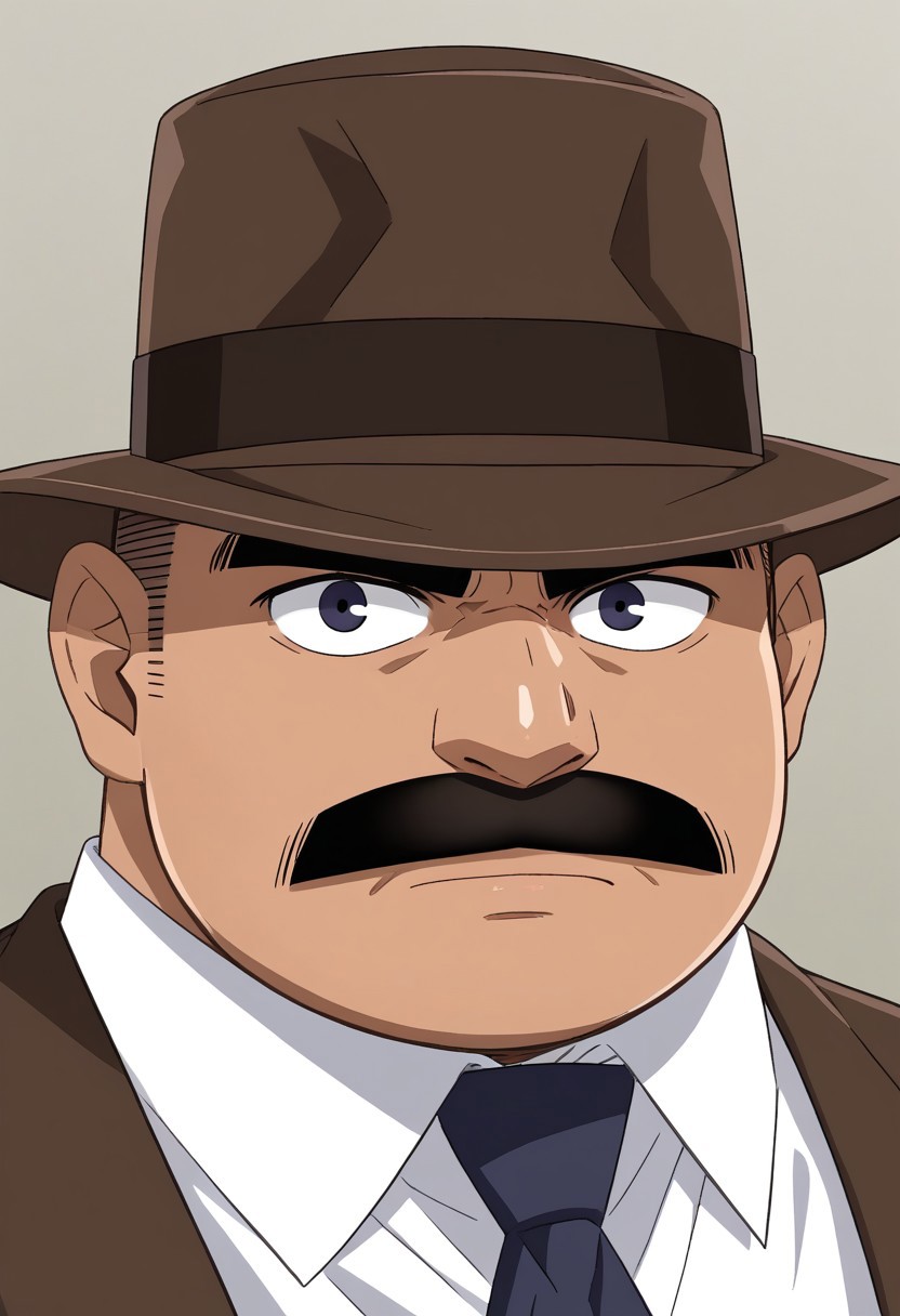 Megure, Hat, man suit, mustache, looking at viewer, high detail, serious,half body