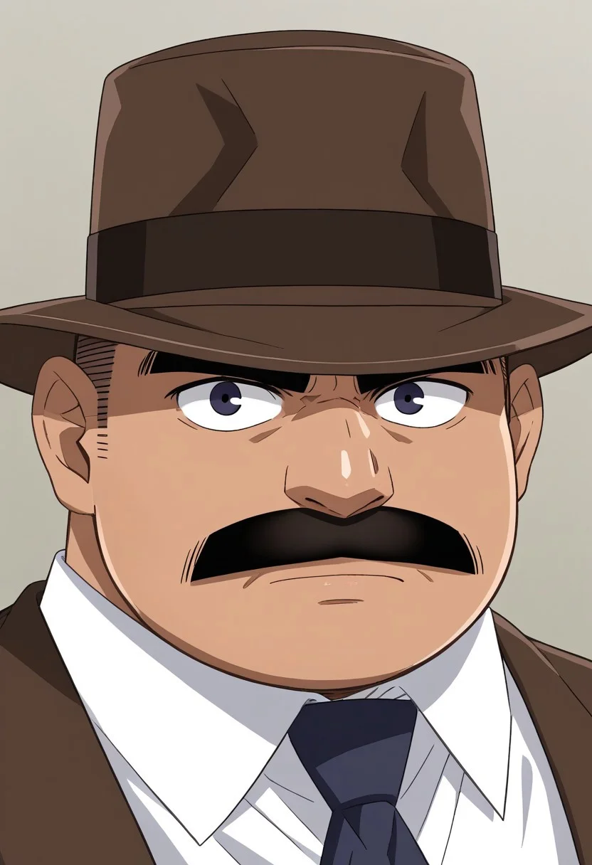 Megure, Hat, man suit, mustache, looking at viewer, high detail, serious,half body