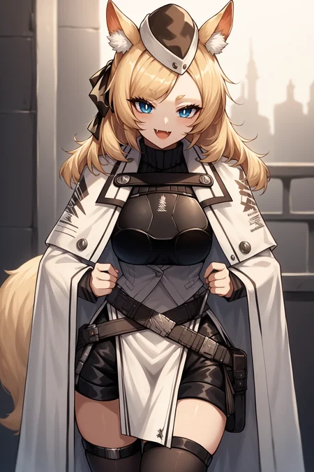 score_9, score_8_up, score_7_up, , rating_general,1girl ,wssd, animal ears, tail, hair ribbon, garrison cap, ribbed sweater, long sleeves, breastplate, white cape, pouch belt, black shorts, pelvic curtain, black thighhighs, high heels, source_anime, smile, :3,  skin fang, open mouth, naughty face, <lora:WhislashPDCAMEv2L AK-000006:1>,
