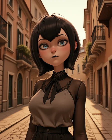 dynamic view, looking at viewer, outdoors daylight, Resentful with tight lips, narrowed eyes, and a stiff body language.
A woman stands on a quiet street corner in a historic district, admiring the ornate architecture of old buildings as the golden hour light casts long shadows. in a dynamic pose
<lora:Hotel_Transilvania_-_Mavis_v2-000030:1> ht-mavis a 20 year old adult woman with blue eyes and black hair. Chiffon long-sleeve blouse with a bow tie at the neck and delicate lace detailing