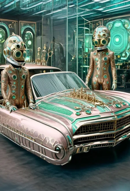 An incredible award winning experimental cinematic still, Three brave men with bell jars for gigantic heads, they have huge freakish eyes, wearing delightful stylish jumpsuits by Gucci, posing in front of a stylish futuristic lowrider hoover car with etched uranium glass windows, 1970s science fiction, dramatic cinematic moody lighting, full soft offset printing, psychedelic trip, cursed image, masterpiece, museum quality, Robert Rauschenberg rococo Style, RococoPunkAI
