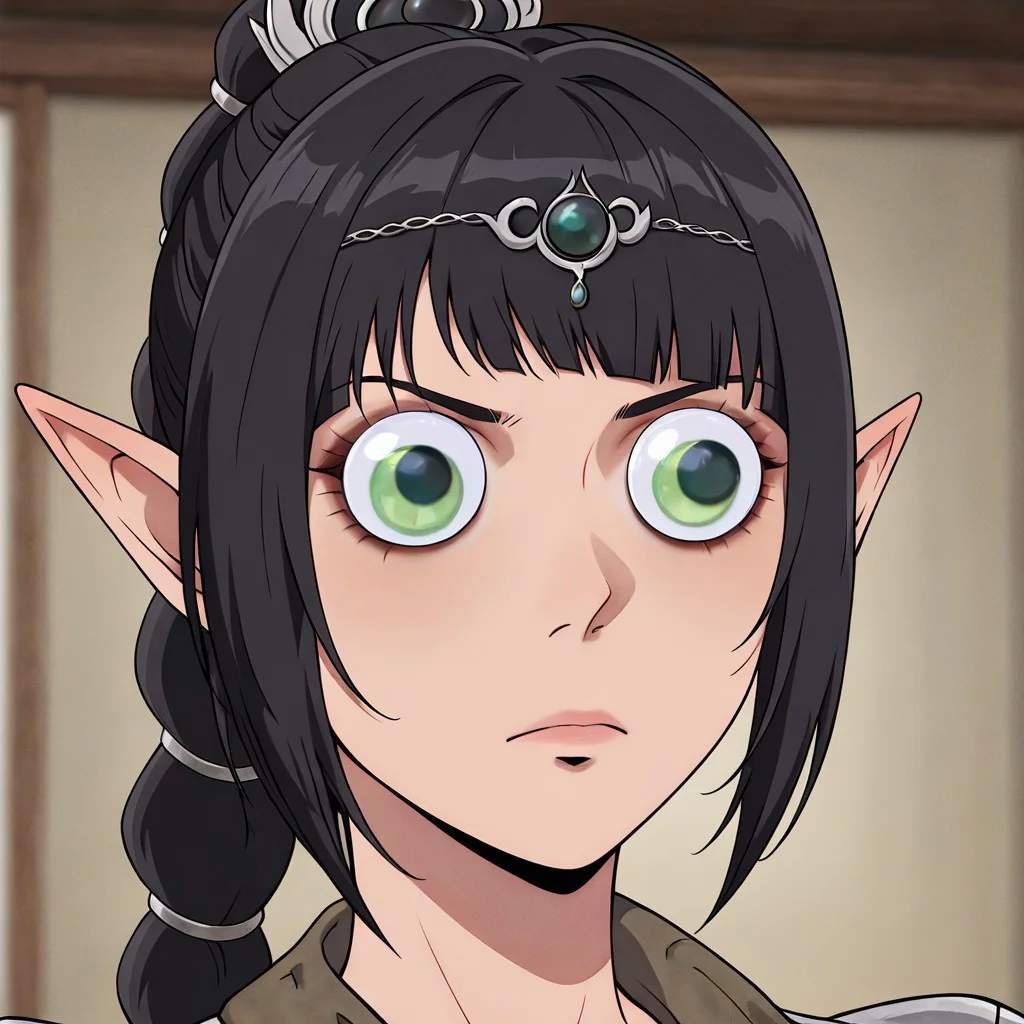 masterpiece, best quality, newest, absurdres, highres, anime, anime style, GUGIL-V1.0, googly eyes, 1girl, shadowheart \(baldur's gate\), long braid, elf, pointy ears, black hair, braid, side bangs, green eyes,