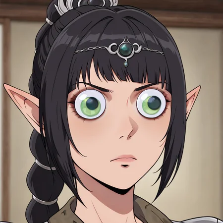 masterpiece, best quality, newest, absurdres, highres, anime, anime style, GUGIL-V1.0, googly eyes, 1girl, shadowheart \(baldur's gate\), long braid, elf, pointy ears, black hair, braid, side bangs, green eyes,