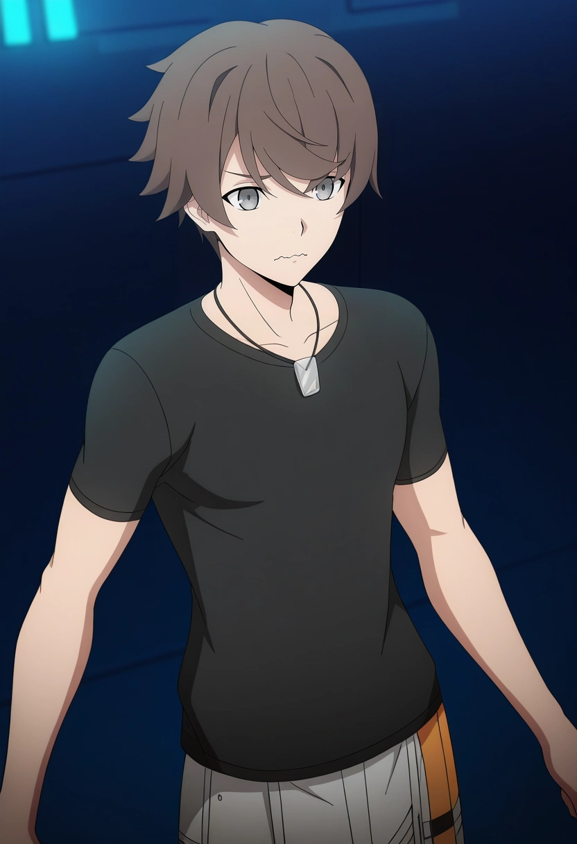 masterpiece, best quality, intricate details, anime screencap, , official style,, 1boy, solo, male focus, <lora:kanata_synduality_noir_ilxl:0.98>, kanata_synduality_noir, brown hair, grey eyes, short hair, black shirt, , , wide angle, wide shot, cowboy shot, armory, midnight, dynamic pose, wavy mouth, closed mouth,