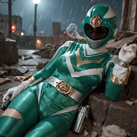 20yo, score_9, score_8_up, score_7_up, shiny oild skin, 
1girl, solo, large breasts, sentaisaintforce, green bodysuit, silver belt, white gloves, spandex, wing-shaped chest symbol,  helmet removed, no headwear, 
holstered, handgun, holster, torn cloth, orgasm, wet, rain, wet cloth, 
 city ruin, rubble, lying, night, smoke, 
 <lora:Saint_Force:0.8>