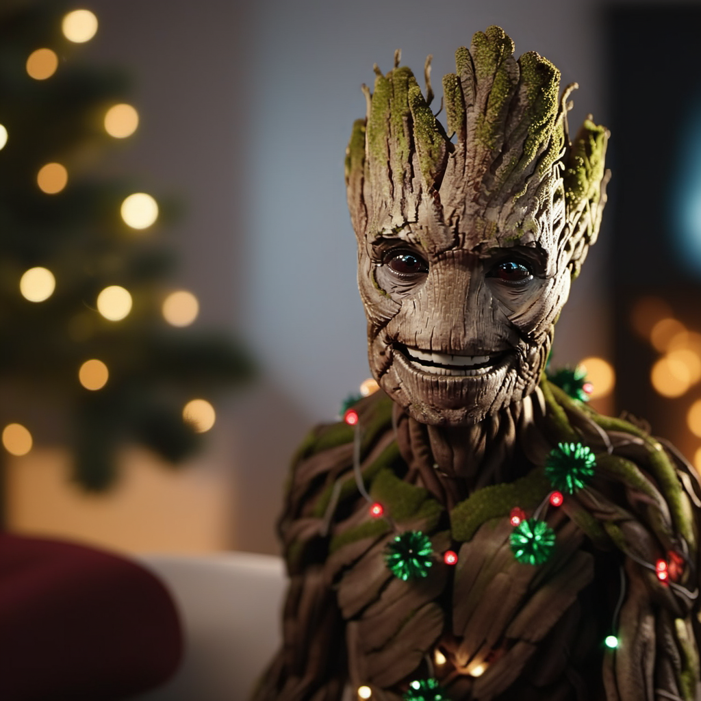 Groot1024, a human-tree, smile, dressed in christmas decoration and garlands and christmas lights, livingroom, fireplace,  detailed eyes, highly detailed, photography, ultra sharp, film, bokeh, professional, 4k   <lora:Groot1024:0.8>