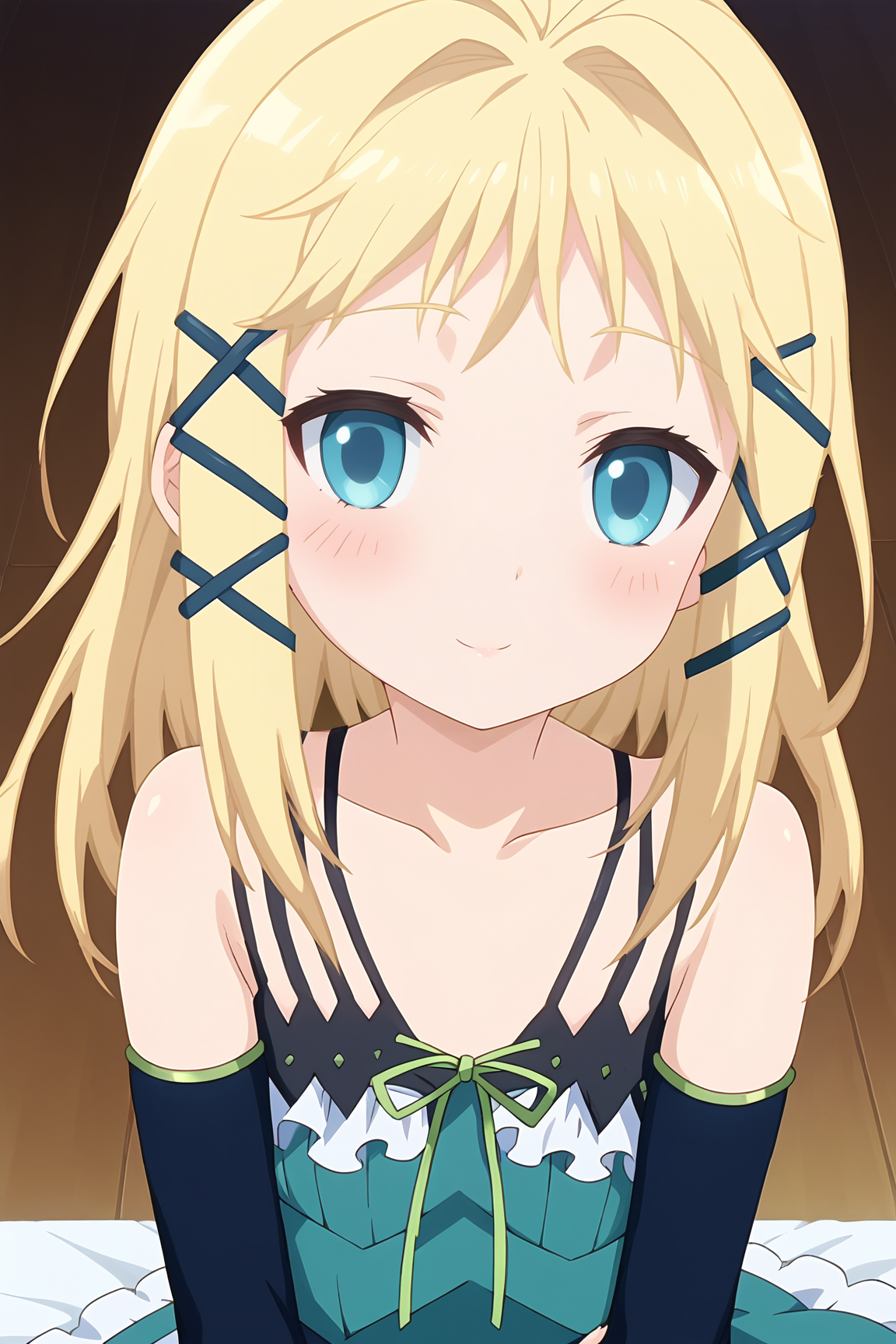 score_9, score_8_up, score_7_up, source anime, prefect lighting, very aesthetic, BREAK, anime screencap, anime coloring,
<lora:tina_sprout_v1-pony6:0.9>, 1girl, tina sprout, black bullet, blonde hair, blue eyes, hair ornament, flat chest, tinadress, dress, ribbon, bare shoulders, detached sleeves,
BREAK, light smile, blush, looking at viewer, 
BREAK,