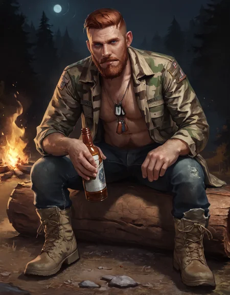 score_9, score_8_up, score_7_up, concept art, realistic, 1boy, solo, male focus, mature male, blue eyes, short hair, undercut, facial hair, beard, mustache, full body, shirtless, hairy, camouflage jacket, jeans, boots, dog tags,
sitting on log, holding beer bottle, looking at viewer
outdoors, night, campfire, forest, dark background <lora:Concept Art Twilight Style SDXL_LoRA_Pony Diffusion V6 XL:1> <lora:Jacob_Seed_2:1>