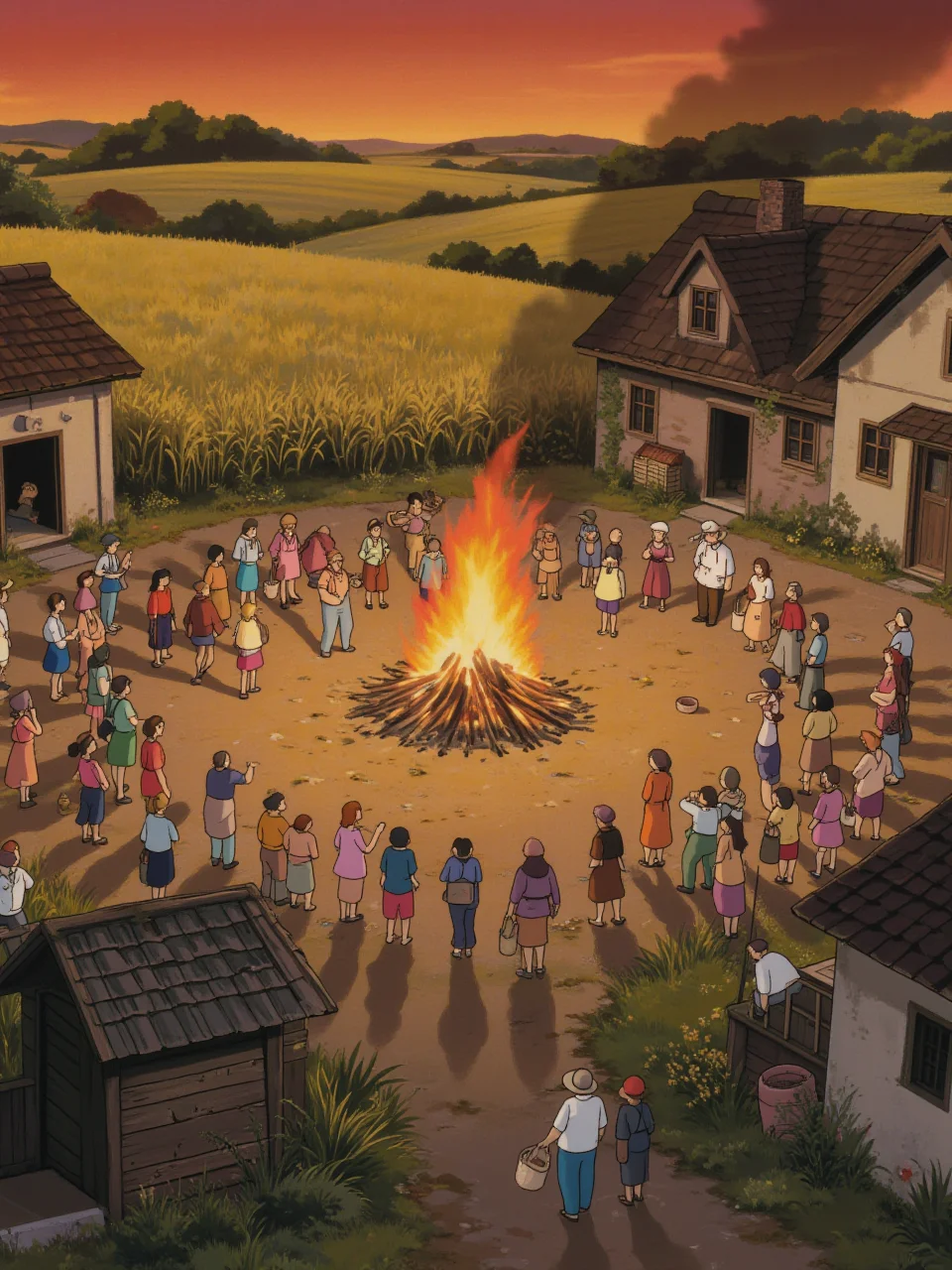 A small group of villagers, each with colorful clothing and carrying baskets, is gathered in the village square to celebrate a harvest festival. A large bonfire burns brightly in the center, and music fills the air. The village is surrounded by fields of golden wheat, and the sky is a deep orange as the sun sets. The camera is at a wide angle, capturing the entire festival scene with the fire in the center.