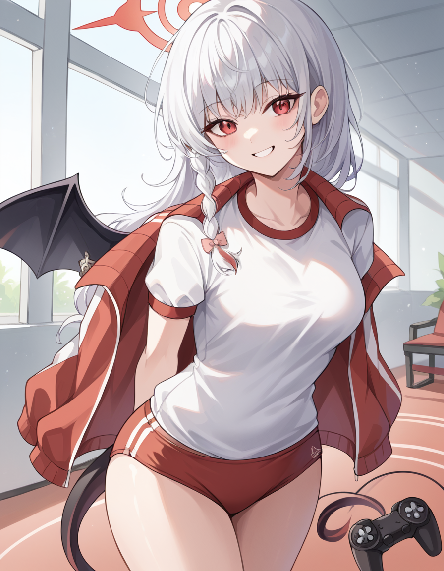 score_9, score_8_up, score_7_up, source_anime, <lora:haruna-kurodate-ponyxl-lora-nochekaiser:1>, haruna kurodate, haruna (blue archive), white hair, red eyes, demon girl, bangs, braid, single braid, long hair, halo, albino, medium breasts,, black tail, black wings, buruma, gym shirt, gym uniform, jacket, jacket on shoulders, red buruma, red shorts, shorts, single wing, sunglasses, track jacket, white shirt, wings, living room, video game, controller, competitive, fun, afternoon, smile, , hands behind back, bent over,, solo,, cowboy shot, dutch angle,