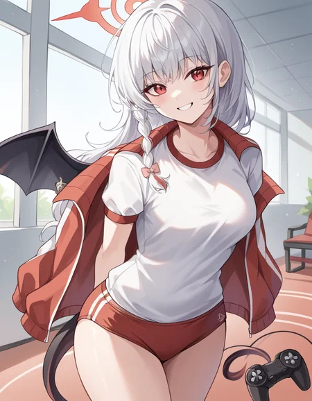 score_9, score_8_up, score_7_up, source_anime, <lora:haruna-kurodate-ponyxl-lora-nochekaiser:1>, haruna kurodate, haruna (blue archive), white hair, red eyes, demon girl, bangs, braid, single braid, long hair, halo, albino, medium breasts,, black tail, black wings, buruma, gym shirt, gym uniform, jacket, jacket on shoulders, red buruma, red shorts, shorts, single wing, sunglasses, track jacket, white shirt, wings, living room, video game, controller, competitive, fun, afternoon, smile, , hands behind back, bent over,, solo,, cowboy shot, dutch angle,