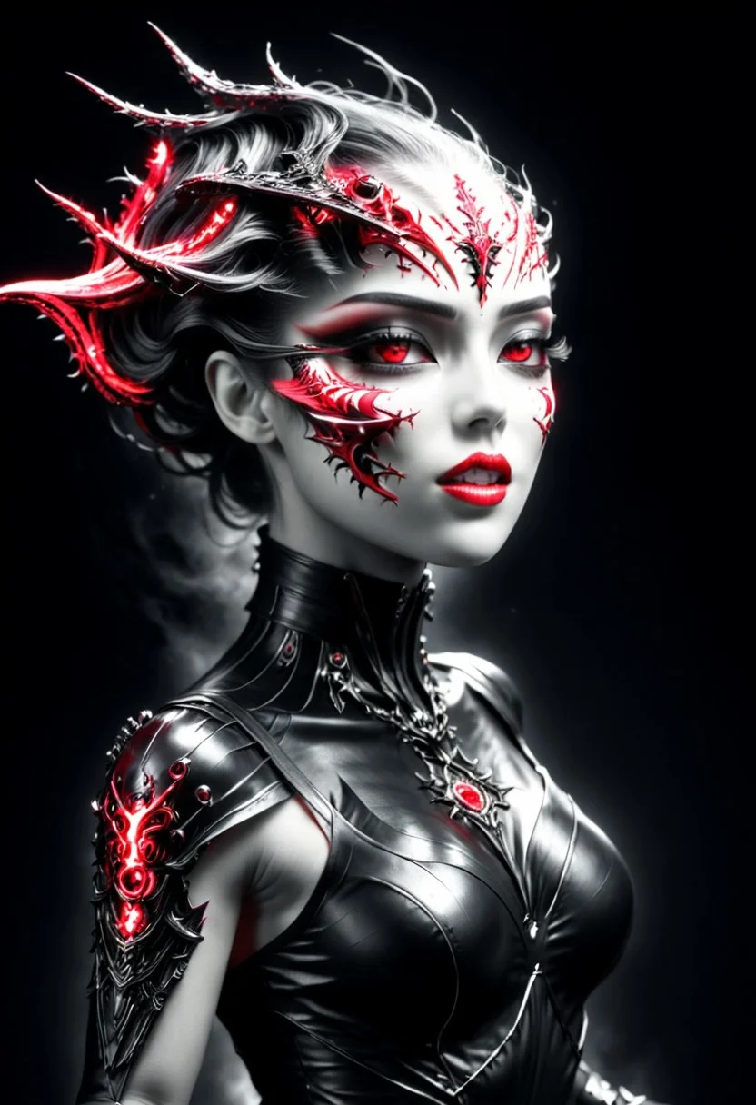 creativity_extractor pitch black background, on stage spotlight, black ,white and red colors, an breathtaking beautiful cg_darkscifi woman Horror_cg doing sensual Expressive dance, mm style