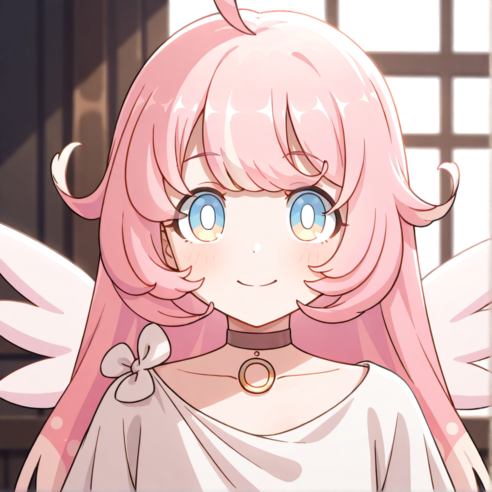 masterpiece, best quality, very aesthetic, absurdres, detailed, break, raphy_(princess_connect), 1girl,long hair,pink hair,ahoge,multicolored hair,bangs,blue eyes,wings,white dress,choker