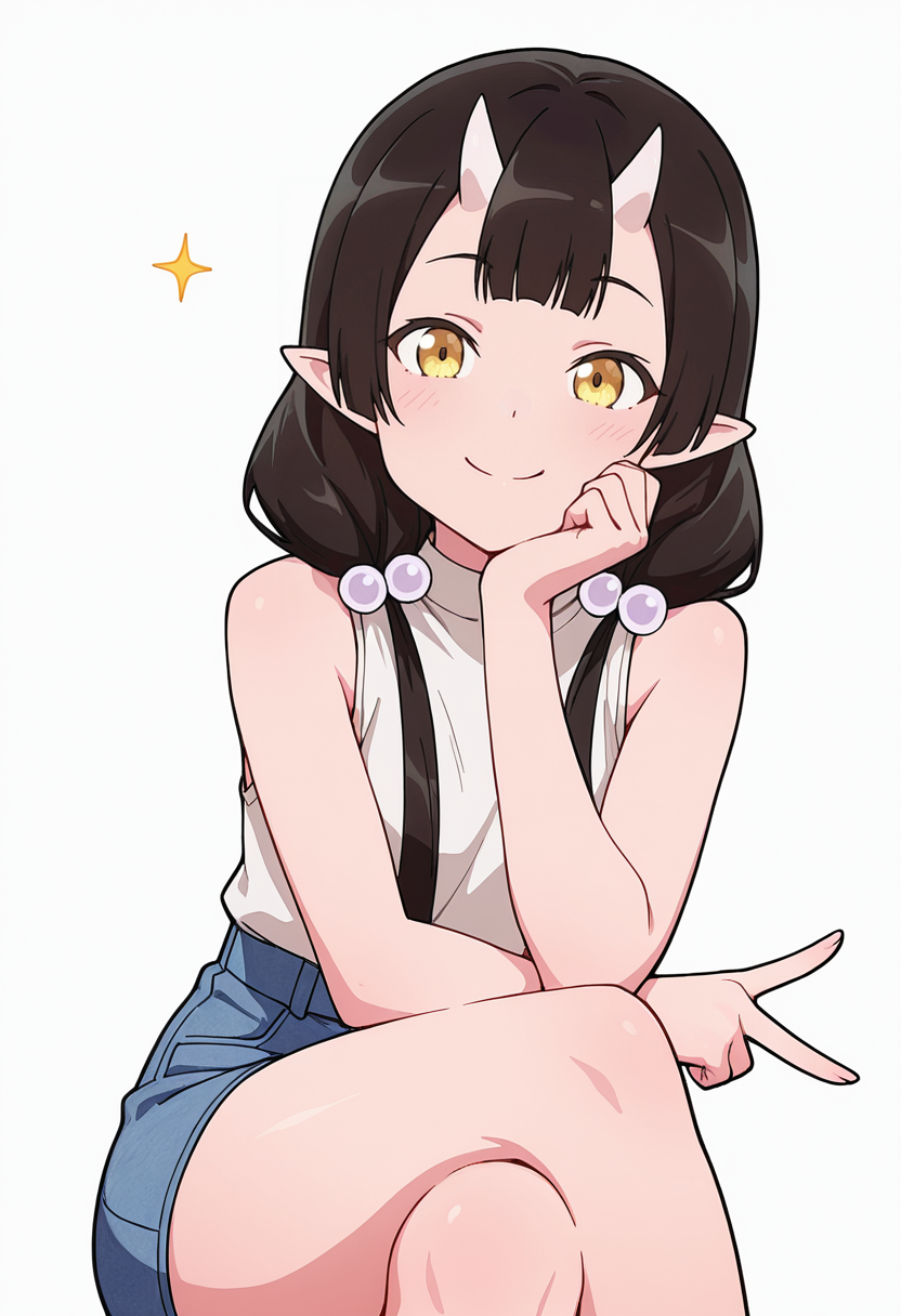 Smooth Quality,masterpiece,very intricate, high quality details, ultra realistic, high detailed skin,detailed enviorement,absurdres,
v,solo,
 <lora:Care_Resumisu_CNR:0.8> care_cnr, 1girl,black hair, pointy ears, long hair, yellow eyes, oni, low twintails, skin-covered horns, bobbles,, simple background, white background, front view,
sitting, legs crossed, hand on chin, smiling, relaxed,  ,, sleeveless shirt, ,sleeveless shirt, ,denim skirt,  ,, ^q^ ,
