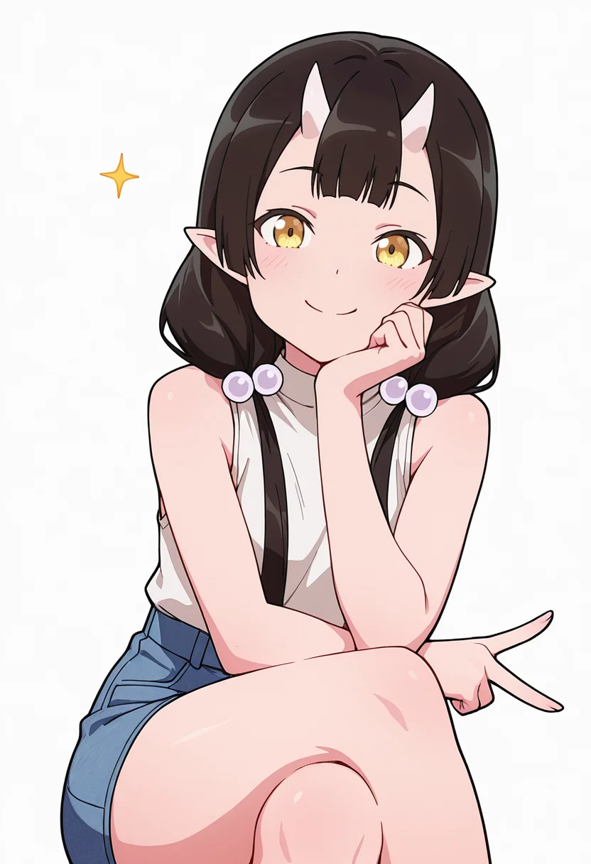Smooth Quality,masterpiece,very intricate, high quality details, ultra realistic, high detailed skin,detailed enviorement,absurdres,
v,solo,
<lora:Care_Resumisu_CNR:0.8> care_cnr, 1girl,black hair, pointy ears, long hair, yellow eyes, oni, low twintails, skin-covered horns, bobbles,, simple background, white background, front view,
sitting, legs crossed, hand on chin, smiling, relaxed, ,, sleeveless shirt, ,sleeveless shirt, ,denim skirt, ,, ^q^ ,