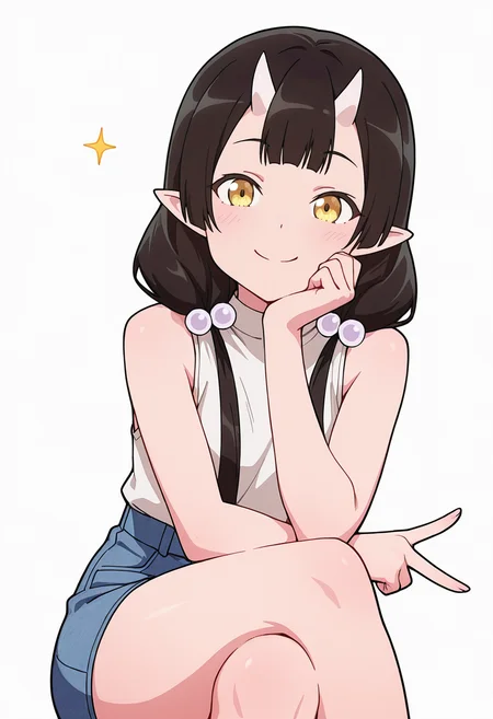 Smooth Quality,masterpiece,very intricate, high quality details, ultra realistic, high detailed skin,detailed enviorement,absurdres,
v,solo,
 <lora:Care_Resumisu_CNR:0.8> care_cnr, 1girl,black hair, pointy ears, long hair, yellow eyes, oni, low twintails, skin-covered horns, bobbles,, simple background, white background, front view,
sitting, legs crossed, hand on chin, smiling, relaxed,  ,, sleeveless shirt, ,sleeveless shirt, ,denim skirt,  ,, ^q^ ,